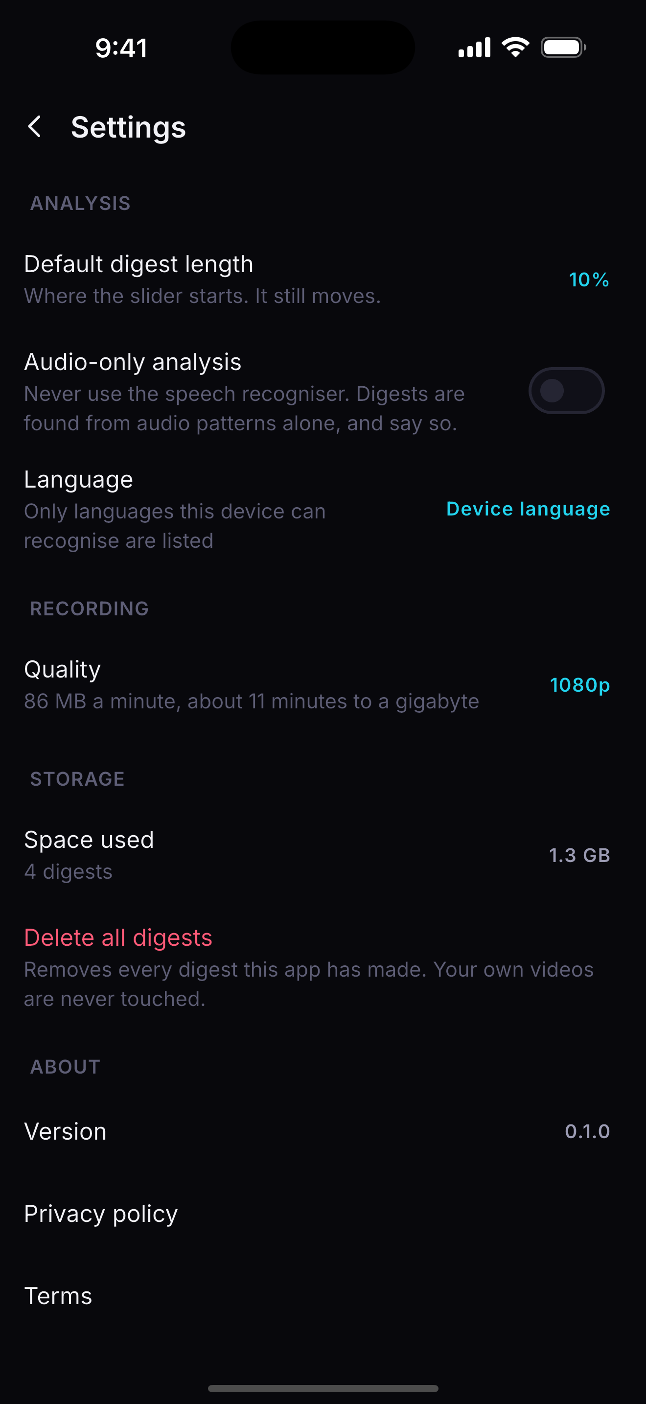 Settings: analysis, recording, storage.