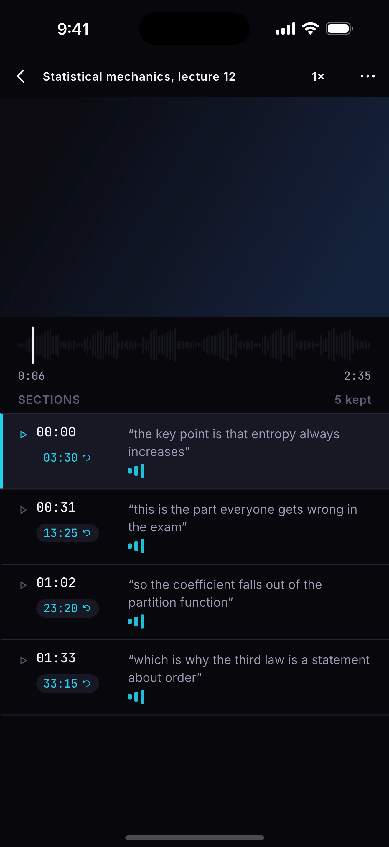 The Video Summary player: a digest playing above a list of the sections it kept, each with a timestamp back into the original.