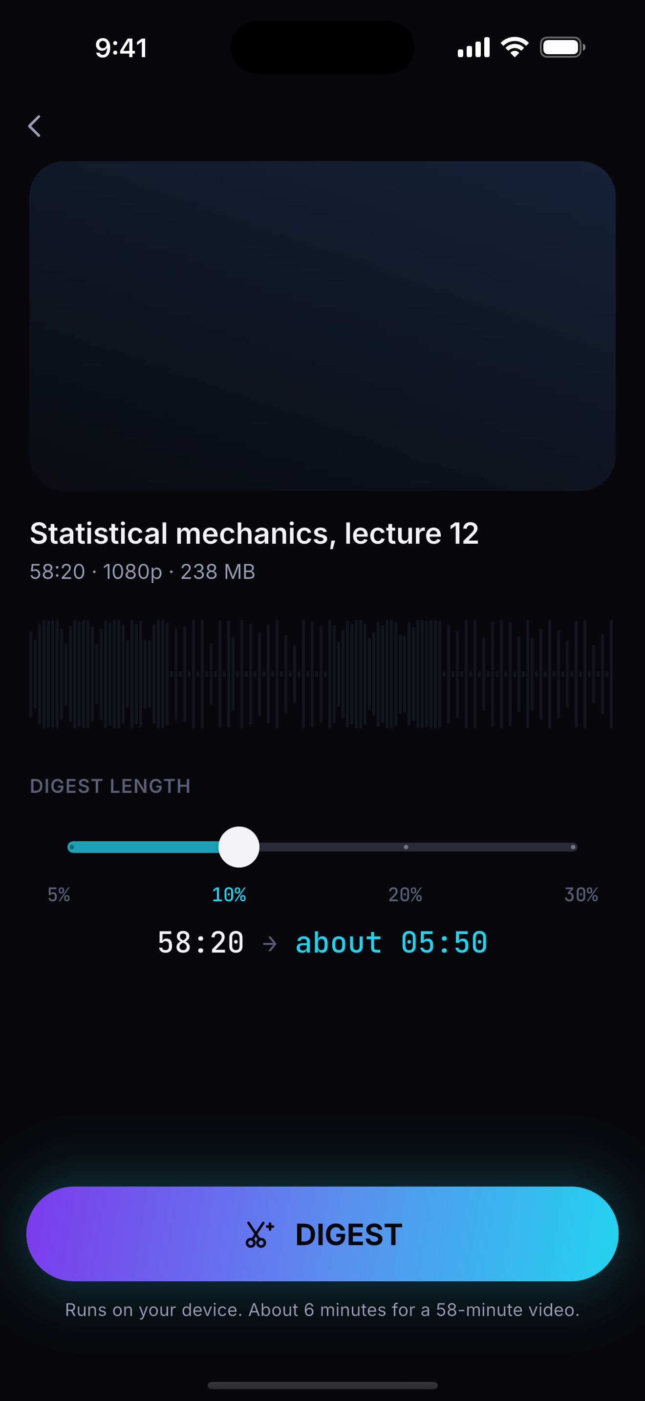 The setup screen, with a slider for the digest length and a live estimate of how long the result will be.