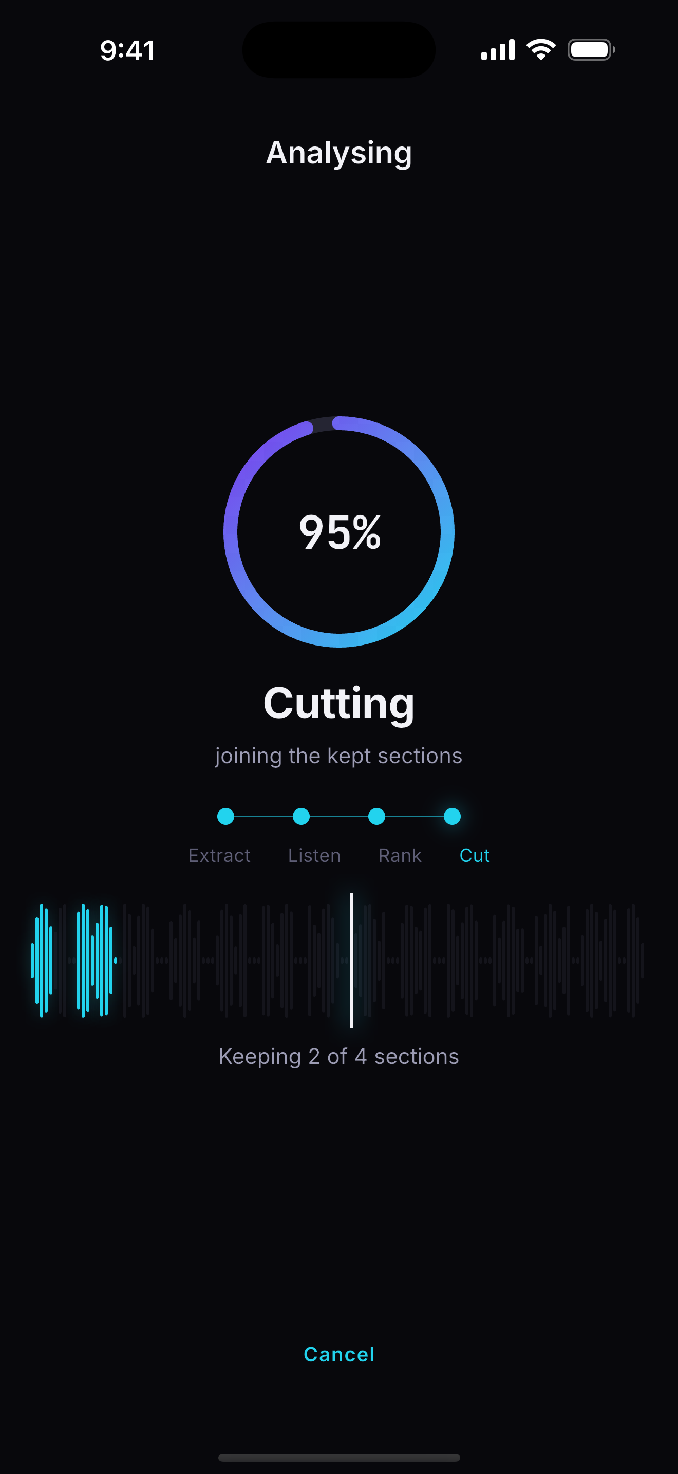 The processing screen, with a progress ring and a waveform lighting up as sections are selected.