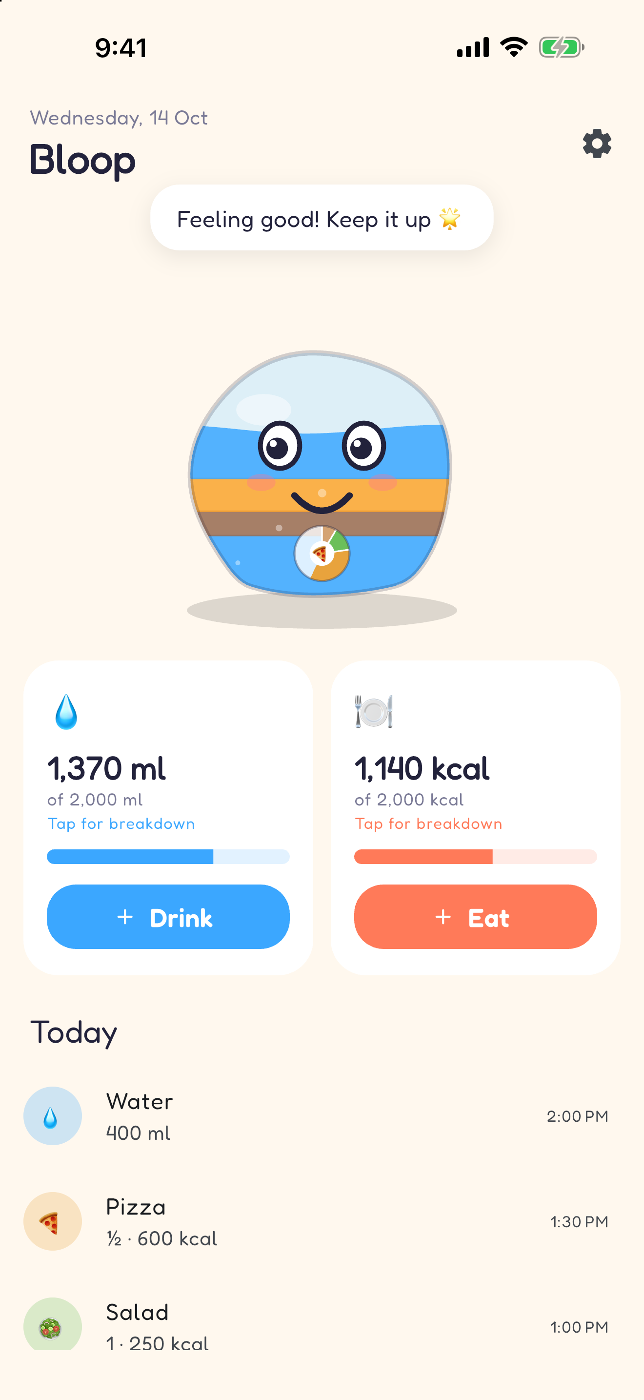 BriteSprite home screen with Bloop half full of water, coffee and juice