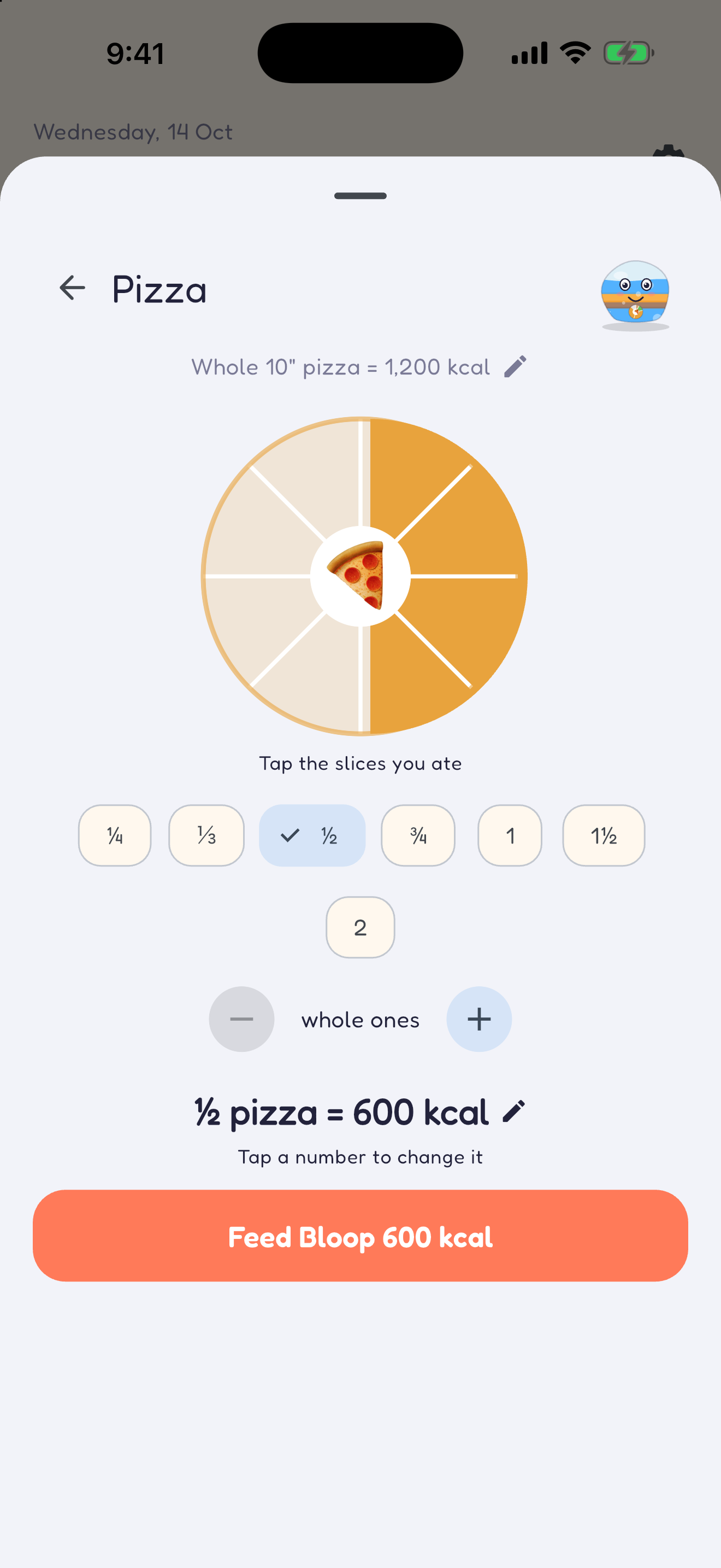Cutting half a pizza in the food portion picker