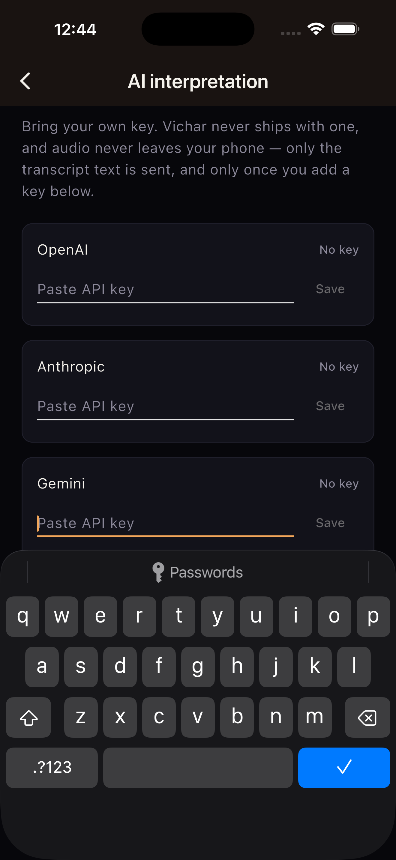 AI settings: bring your own key.