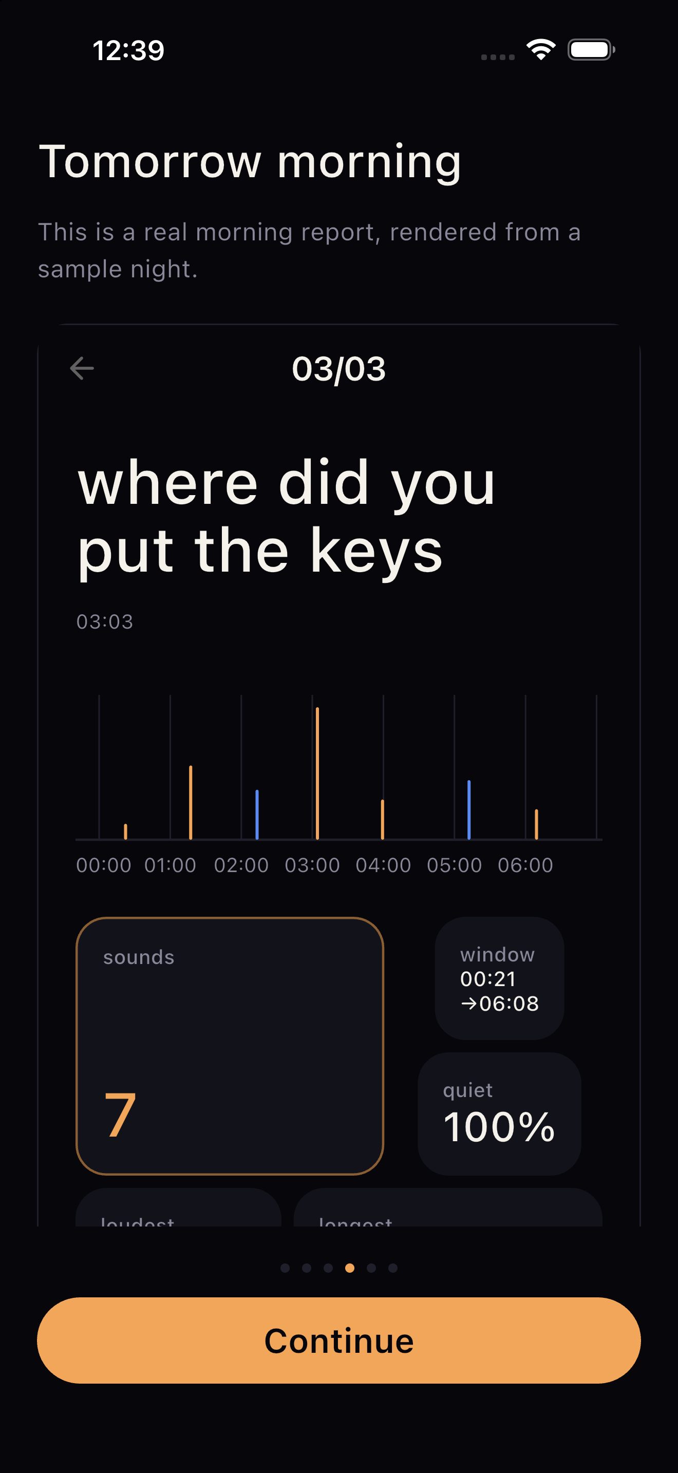 Onboarding: a real morning report preview.