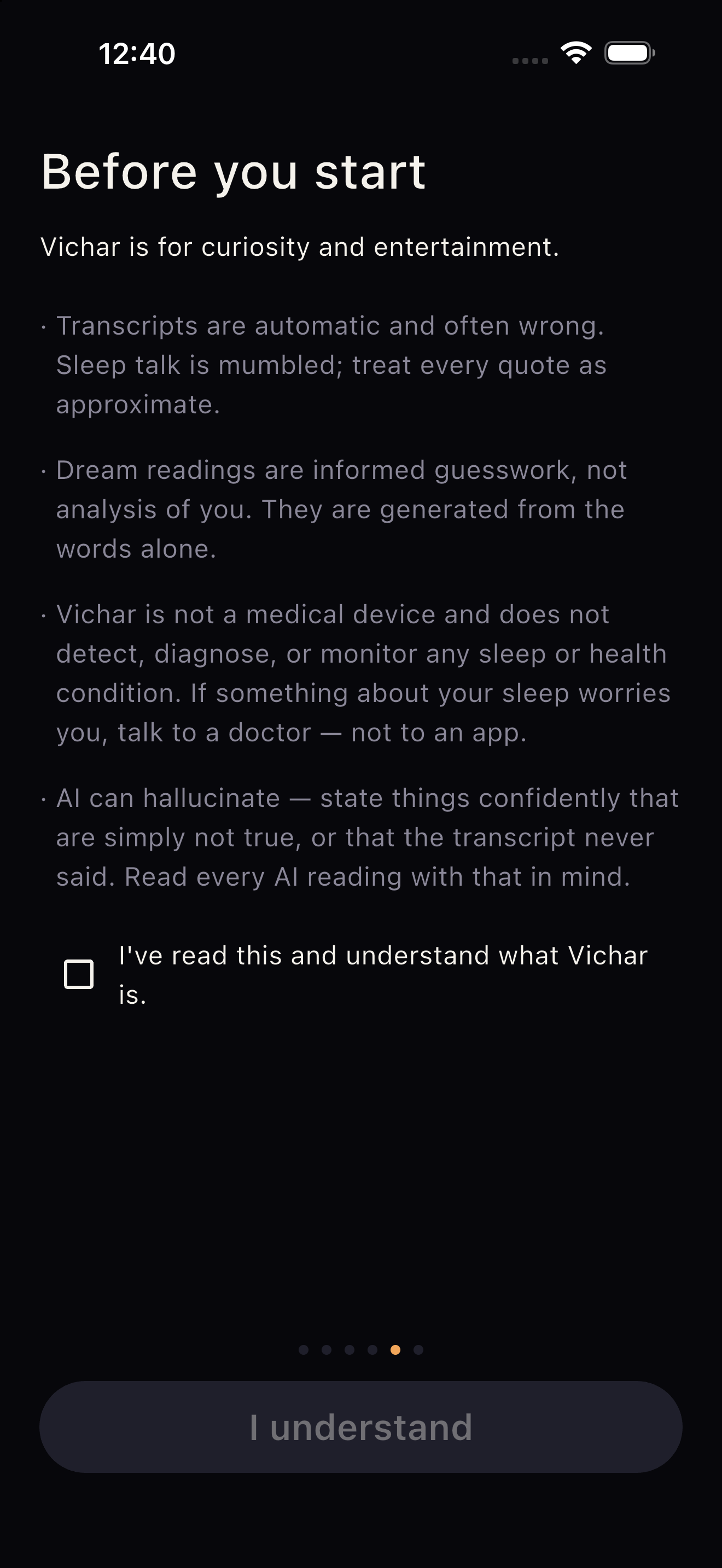 The disclaimer, shown before you start.