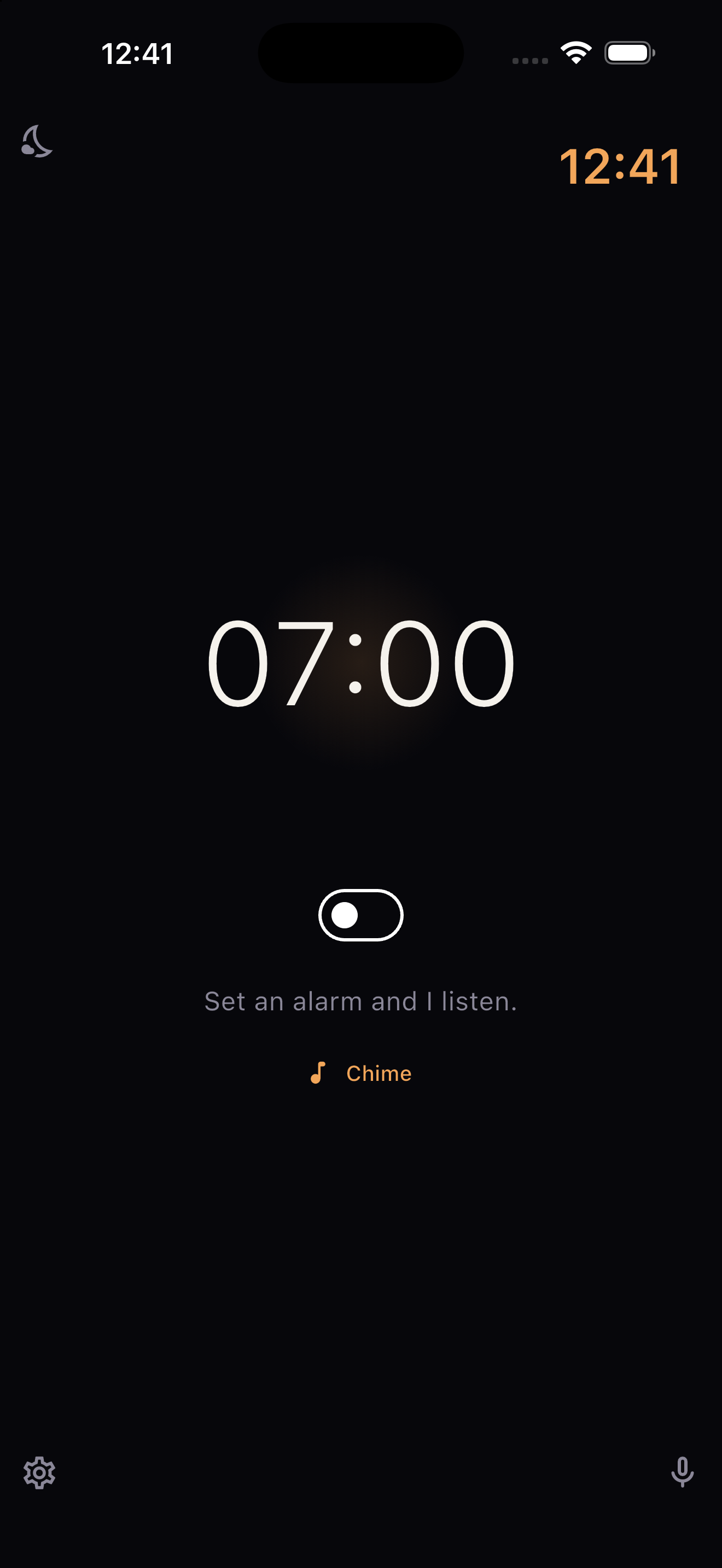 Home screen: the alarm clock face.