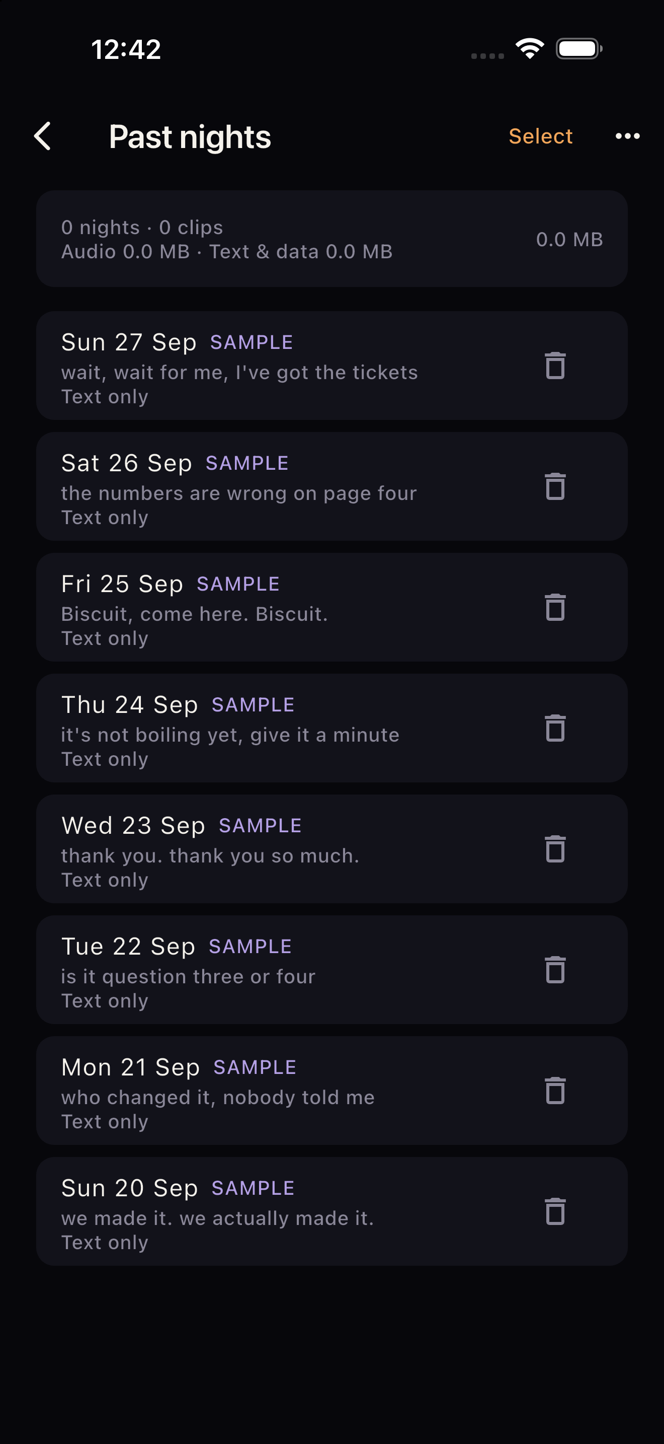 Past nights list with sample nights loaded.