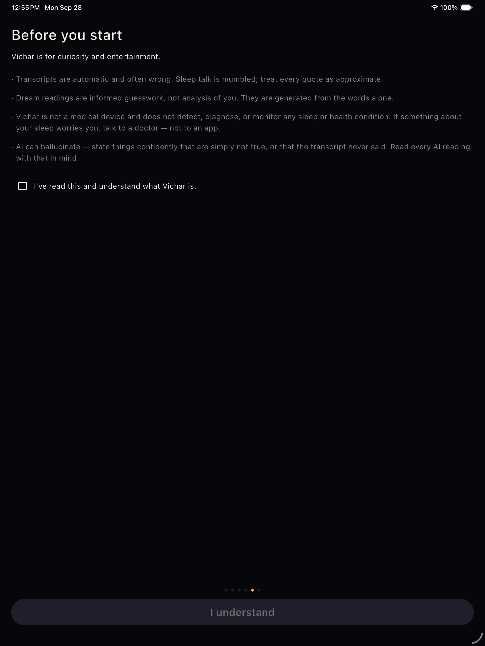 Disclaimer screen on iPad.